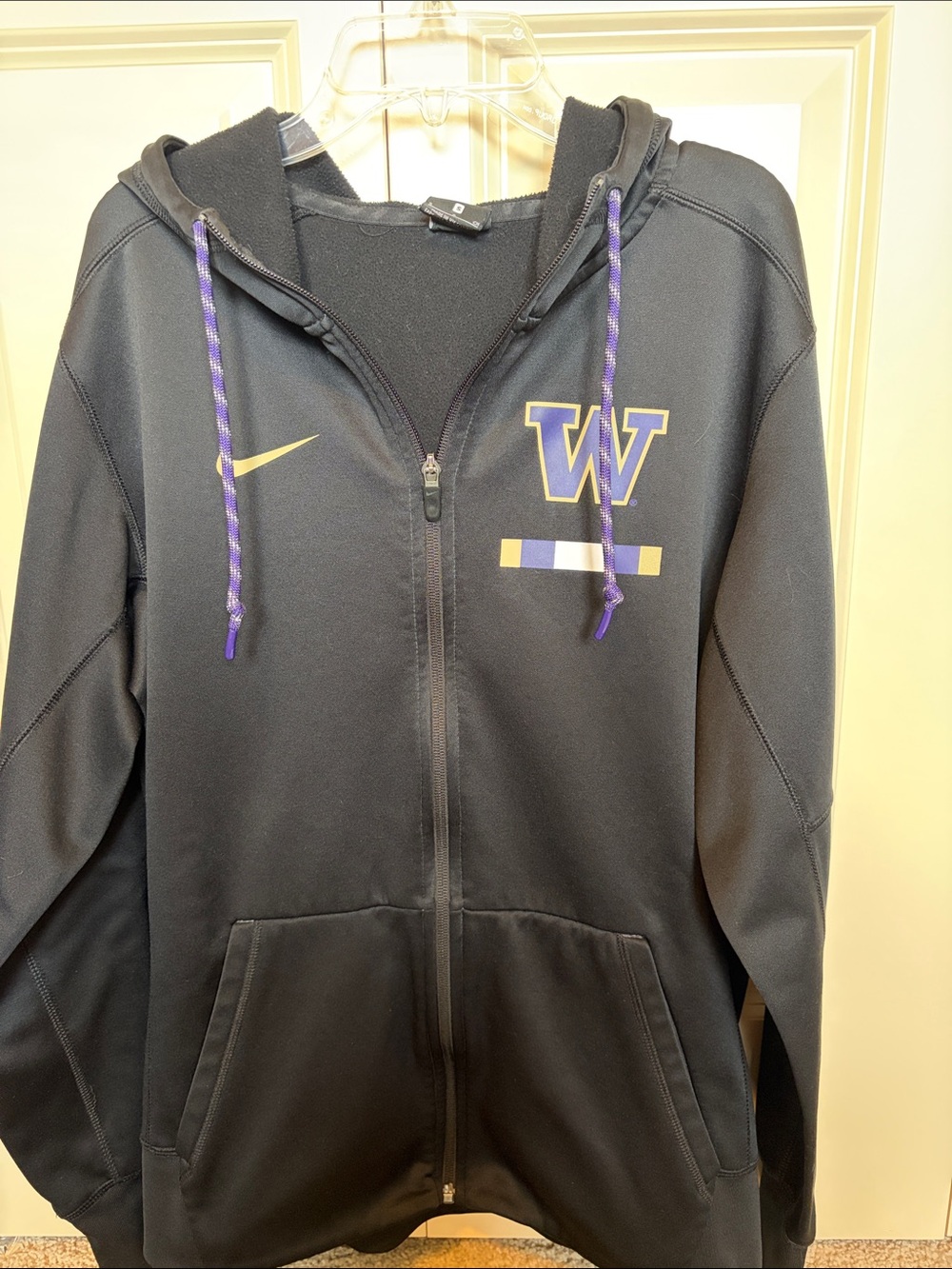Nike UW Black Zip Hoodie with Purple Accents and Gold Swoosh
